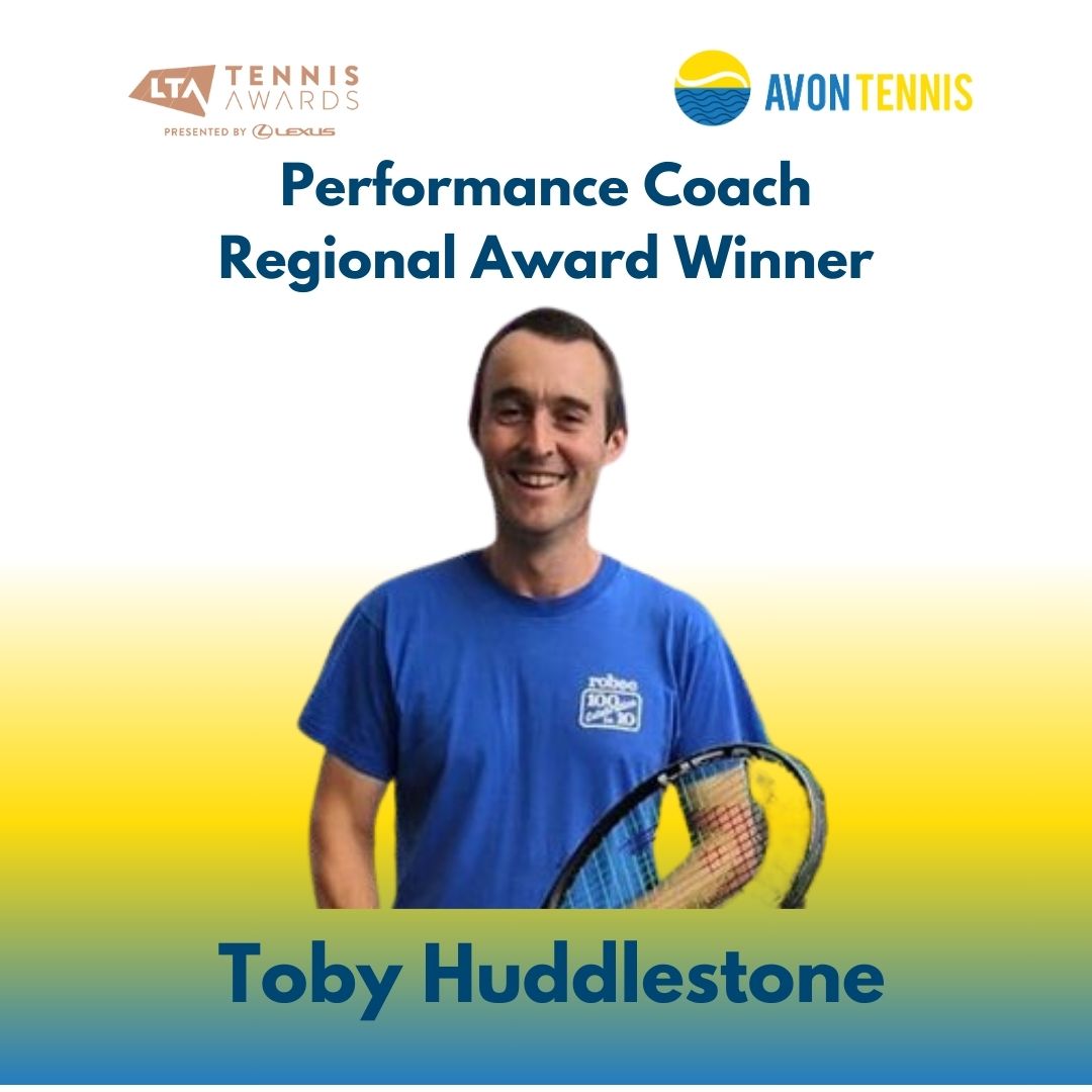 Male tennis coach holding racket with text saying Performance Coach of the Year 